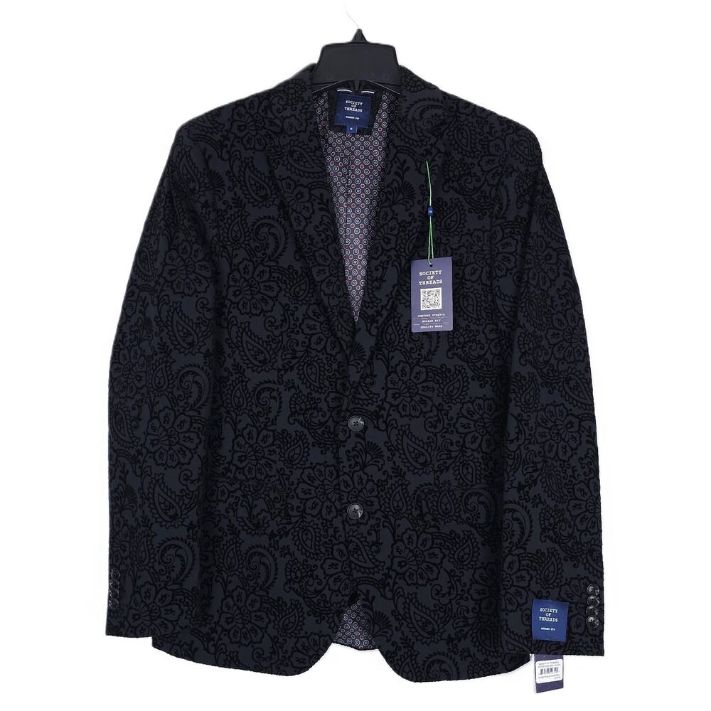 Society Of Threads Mens Modern Fit Sport Coat Large Black Flocked Paisley NWT